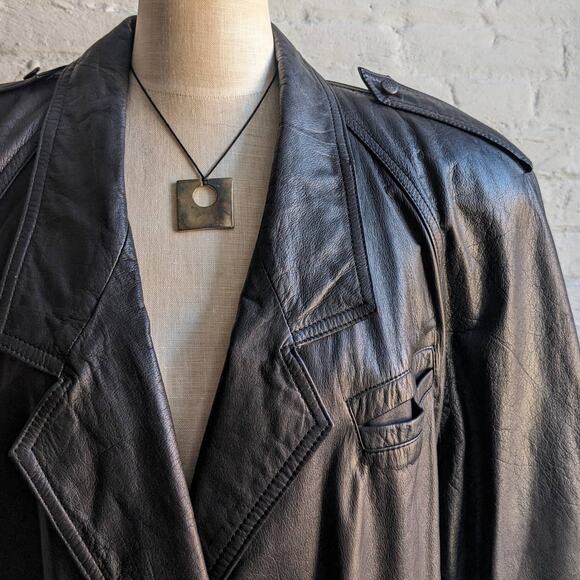 Vintage Minimalist Black Leather Duster Embroidered Biker Moto Goth Trench Coat - Picture 4 of 9